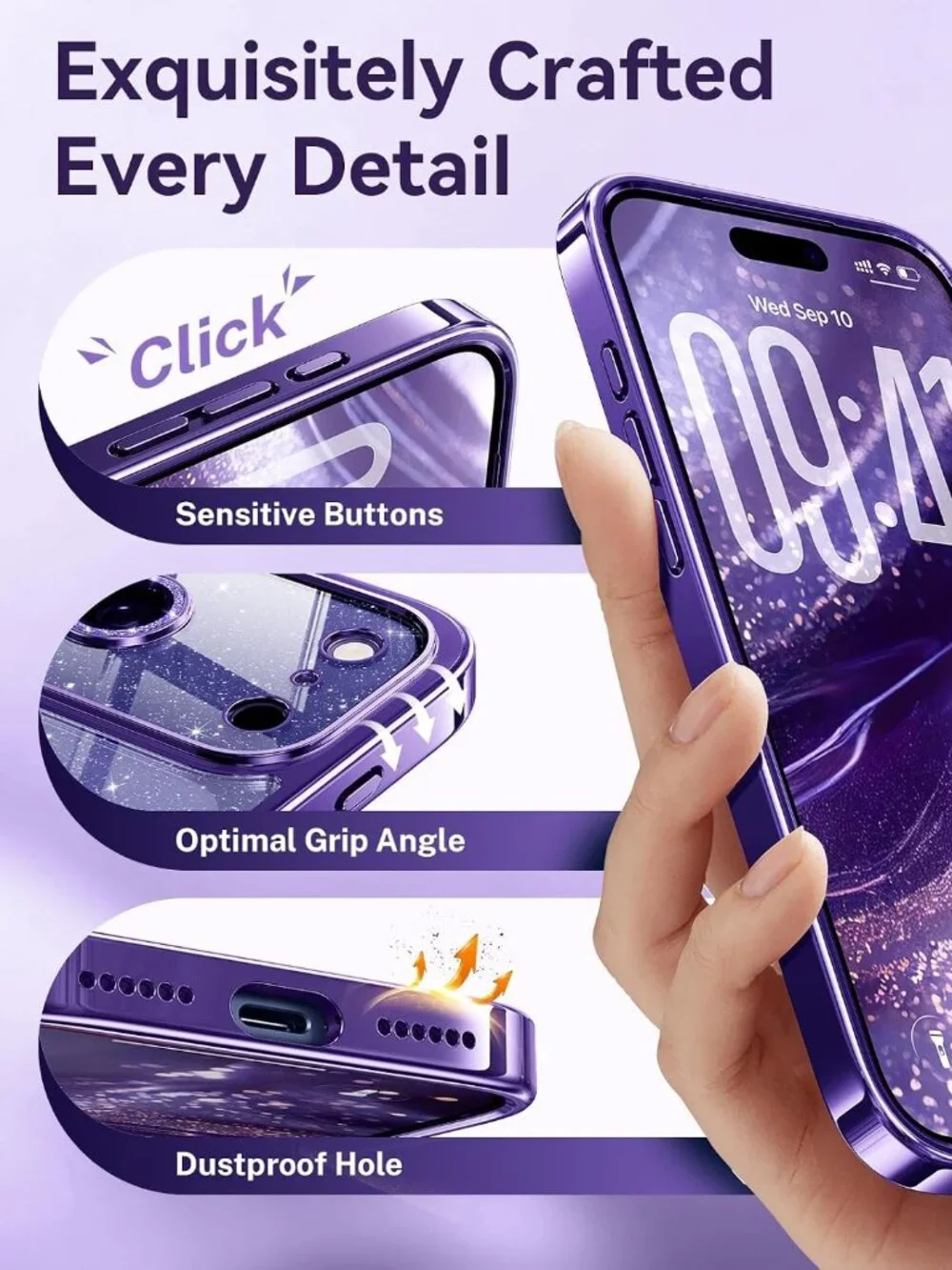 Glitter iPhone 17 Pro Case MagSafe Sparkly Bling Lens Protection Purple Cover